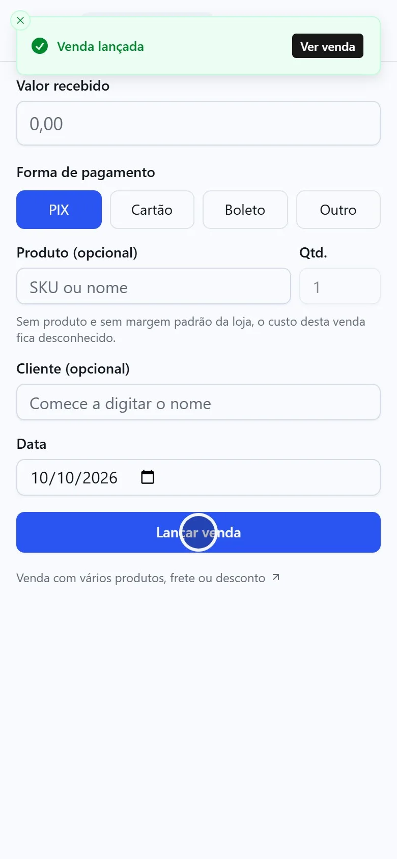 Lançando uma venda pelo celular